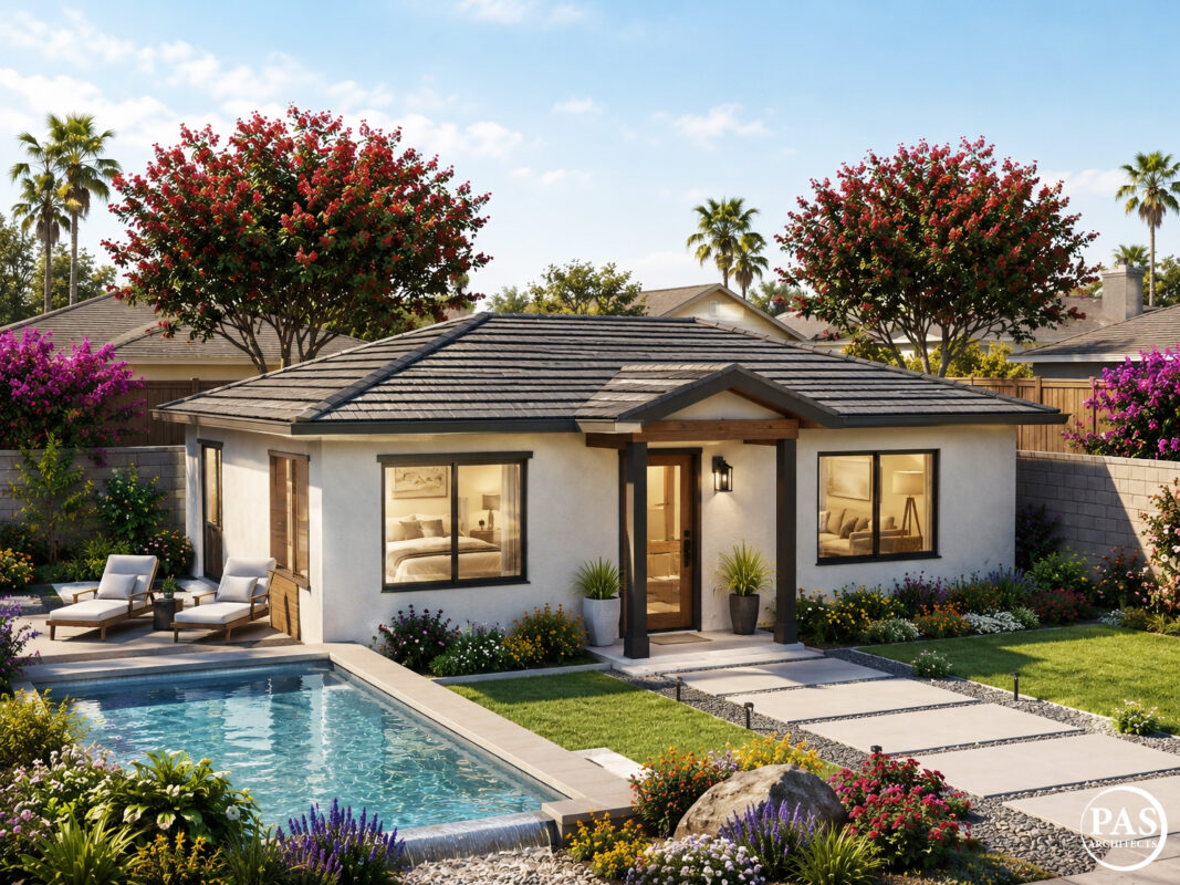 748 sq ft ADU exterior backyard pool 2 bedroom home California PAS748