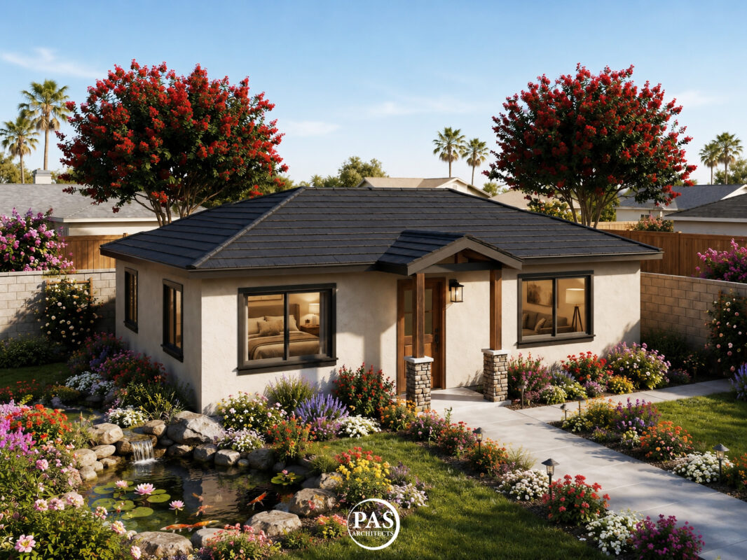 748 sq ft ADU exterior landscaped front yard 2 bedroom home California PAS748